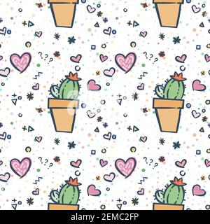 Seamless pattern with hand drawn cactuses with a hearts. Romantic floral background. Vector illustration Stock Vector