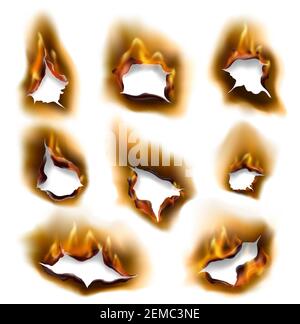 Burning fire flames and burnt paper holes with edges, vector realistic. Burned paper pages with abstract holes in fire flames, torn borders and ripped Stock Vector