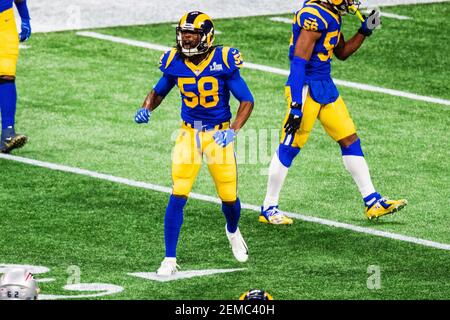 Los Angeles Rams linebacker Jacob Hummel runs an interception back for a  touchdown during the first half of a preseason NFL football game against  the Las Vegas Raiders Saturday, Aug. 19, 2023