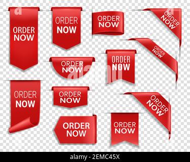Order now red ribbons, online shopping web banners. Order now icons of corner bookmarks, tags, flags and curved ribbons of red silk Stock Vector