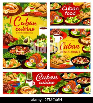 Cuban cuisine food vector banner set. Cuban restaurant meals, cupcake dessert, drinks. Ajiaco stew with vegetables, sandwiches, beans and rise, avocad Stock Vector