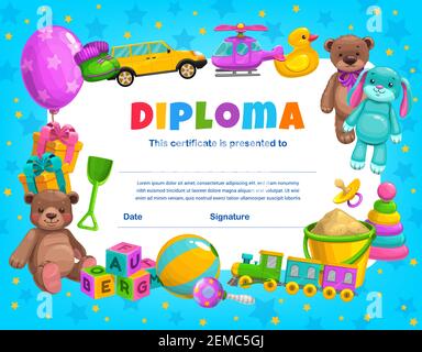 Kids diploma, kindergarten certificate template with baby soft bear and bunny toys. Sand bucket, shovel and train, cube blocks, car and helicopter, ch Stock Vector
