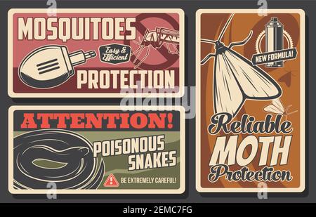 Mosquito and moth protection, snakes danger vector signs. Disinsection repellents for insects and poisonous serpents health protection. Mosquito, moth Stock Vector