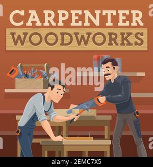 Carpenter and joiner workers, vector cartoon characters. Artisan, craftsman in overalls uniform using a hacksaw and hammer tools. They are sawing a wo Stock Vector