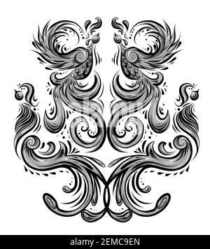 Bird pattern with curled tails and wings. Symmetrical decoration in shades of gray. Vintage curled animal ornament. Phoenixes and peacocks. Vector sym Stock Vector