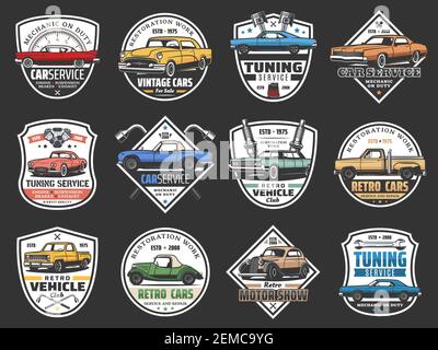 Car service, vehicles maintenance, diagnostics and repair garage station isolated icons. Vector vintage cars motor club, transport engine repair and t Stock Vector