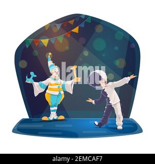 Circus clowns cartoon vector characters. Two smiling clowns in colorful costumes, striped cap and wig, performing on Big Top Circus arena, dancing and Stock Vector