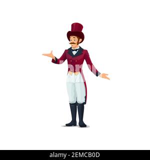 Big top tent circus entertainer, performer character in top hat and vintage tailcoat costume. Cartoon vector man circus fanfair carnival entertainer o Stock Vector