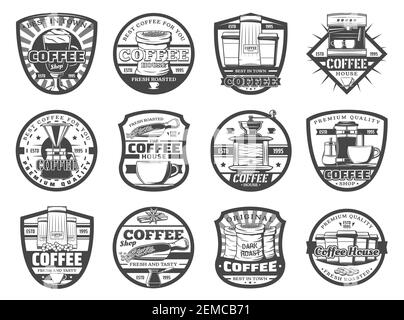 Coffee brewing shop, cafeteria isolated vector icons. Morning drink in turk, latte or americano, coffee grinder mill. Grinding machine and pot, beans Stock Vector