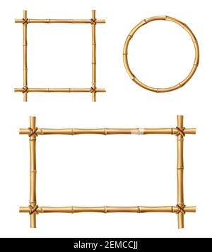 Bamboo frames, isolated vector borders made of wooden brown bamboo sticks tied with ropes of square, rectangular and round shapes. Japanese style real Stock Vector