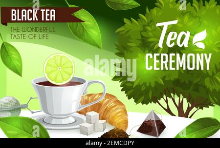 Tea ceremony. Vector bush, brew and sugar, croissant and lemon, strainer, dry and green leaves on table with white tablecloth. Black tea in porcelain Stock Vector