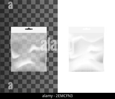 Transparent pocket, plastic bag isolated vector mockup. Realistic 3d clear pouch template, wrap for food, snack or medicine. Disposable nylon or cello Stock Vector