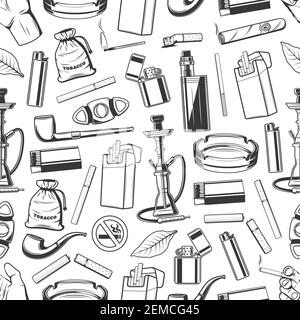 Tobacco and smoking accessories seamless pattern background. Vector cigarettes, smoking pipes and cigars, tobacco leaves and bags, hookah, vape boxes Stock Vector