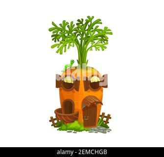 Cartoon carrot gnome house. Isolated vector ripe cartoon vegetable with wooden door, round windows, balcony and caterpillar on roof. Fantasy building Stock Vector