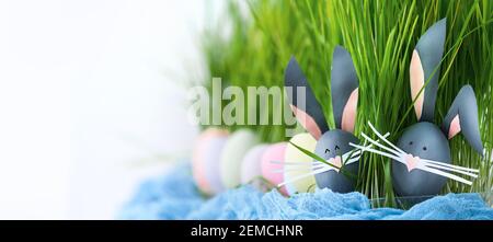 Cute creative photo with easter eggs, some eggs as the Easter Bunny Stock Photo