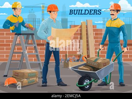 Engineer builder workers on construction site, architect and builder mason, vector house building. Worker constructor with house project plan, mason a Stock Vector
