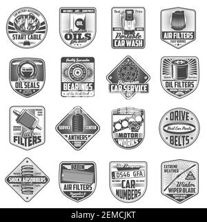 Car service retro icons with repair spare parts. Vehicle engine, motor oil and shock absorbers, oil, fuel and air filters, mechanic gear, bearings and Stock Vector