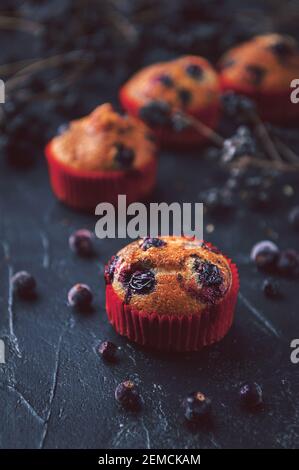 muffin with currants on a dark background next to the berries on the branches. in a rustic style. dark style Stock Photo