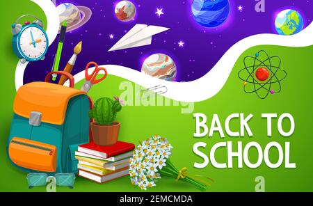 Back to school vector with backpack, books and galaxy. Cartoon schoolbag, a solar system planets in universe. Learning items, atom and alarm clock, sc Stock Vector