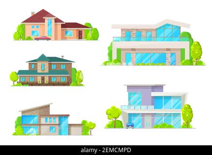 Private houses and homes, residential real estate vector flat facade icons. Modern family house, luxury villa, mansion and cottage, townhouse property Stock Vector