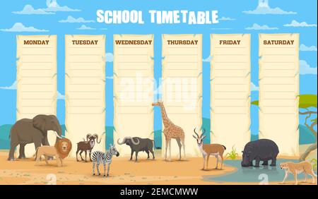 School timetable with african animals vector template. Classes weekly planner, school lessons timetable with elephant, lion and cheetah, buffalo, ram Stock Vector