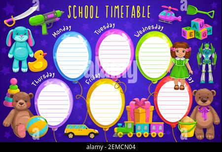 School timetable, kids education planner with toys cartoon vector template. Lessons timetable, classes weekly schedule with doll, robot and bear, wate Stock Vector