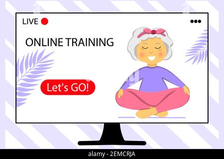 The concept of online training. Sporty Granny does Yoga. Home sport. Old person. Senior woman in pose yoga. Grandma. Grandmother character. Exercising Stock Vector