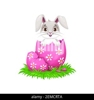 Cartoon Easter bunny and egg holiday egghunting. Cute rabbit or bunny animal hatched from painted egg with cracked pink shell, spring green grass and Stock Vector