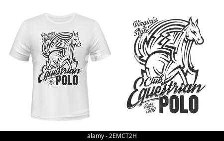 Equestrian polo sport t-shirt print mockup, horse races club. Wild horse stallion or mustang, equine riding and horse races jockey polo club t shirt p Stock Vector