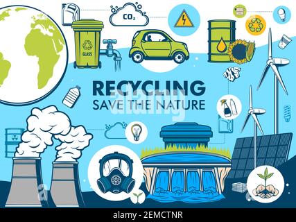 Green energy and garbage recycling, planet earth environment conservation. Save the nature vector poster with alternative energy resources, hydroelect Stock Vector
