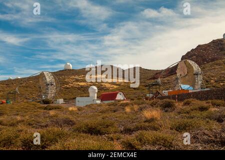 La Palma, Spain - November 1, 2016: Major Atmospheric Gamma-Ray Imaging Cherenkov, or MAGIC Telescopes, at the Roque de los Muchachos Observatory, ORM Stock Photo