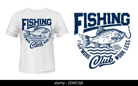 Crucian fish t-shirt print mockup, fishing club and sea waves, vector blue grunge design. River crucian carp on hook icon, fisher sport club sign, big Stock Vector