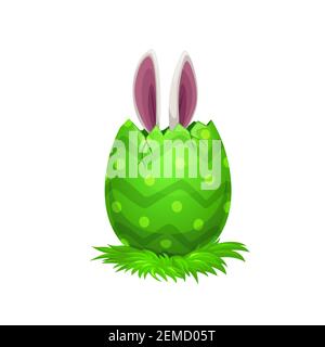 Easter egg with bunny ears, Easter religion holiday egghunting party. Vector rabbit or bunny animal hiding in green painted egg with cracked shell and Stock Vector