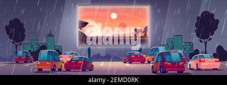 Car street cinema at rainy weather. Drive-in theater with automobiles stand under rain in open air parking at night. Large outdoor screen with movie on cityscape background Cartoon vector illustration Stock Vector