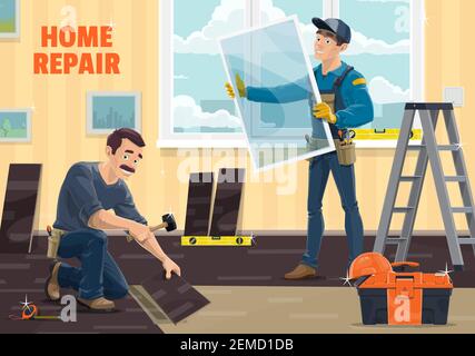 Window installer worker, home repair, renovation and remodeling carpentry service, vector. Workers at windows installation and laminate flooring with Stock Vector