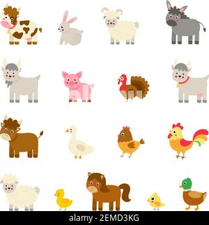 Set of vector farm animals in cartoon style. Collection of childish illustrations. Stock Vector