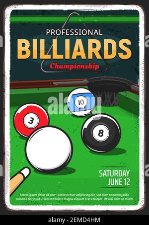 Billiard table, pool or snooker game, vector ball and cue tournament, vector retro poster. Billiards game triangle rack, 8 eight ball on green table, Stock Vector