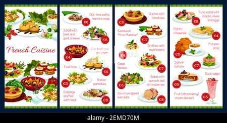 France cuisine vector menu template, French meals, dob beef and pork ham, foie grass, cabbage stuffed with meat, quiche with tomatoes, sandwich croc m Stock Vector
