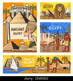 Egypt travel vector design with Ancient Egyptian pharaoh pyramids and gods. History and culture symbols of Egyptian mythology and religion, Sphinx, ca Stock Vector