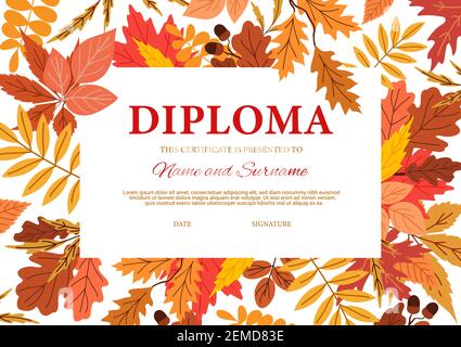Diploma certificate with autumn leaves, vector template. Kindergarten, college or kid school diploma certificate, graduation and education training le Stock Vector