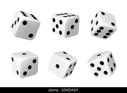 White dices with black dots set. Pipped dices with rounded corners. Die for casino craps, table or board games, luck and random choice symbol from dif Stock Vector