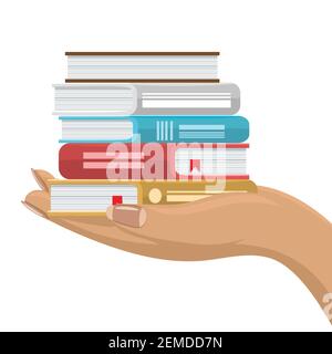 Stack of various books in female hand. Hand holding books. Flat and solid color vector illustration. Stock Vector