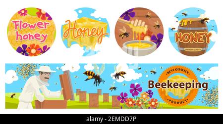 Beekeeping, apiary agriculture vector banners with beehives, beekeeper in protective suit, barrel and honeycombs. Bees collecting flower honey on fiel Stock Vector