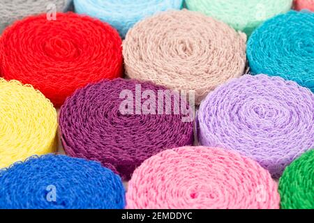 Colorful lace tapes horizontal close up picture. Stock Photo