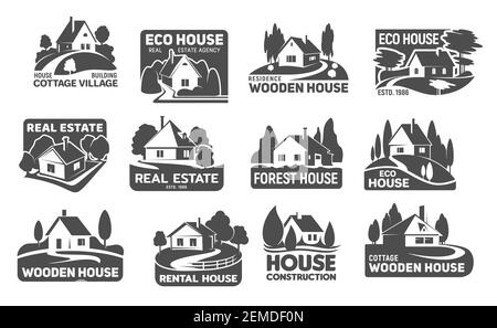 Wooden eco houses, real estate buildings vector icons. Cottage silhouettes with trees and lawn, garden, path or driveway and fence. Emblem or eco desi Stock Vector