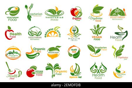 Vegetarian food and meals vector icons set. Vegetarian restaurant or cafe symbols with vegetables, fruits and herbs, leaves and kitchen utensil, fork, Stock Vector