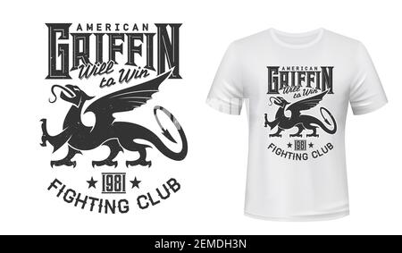 Griffin mascot t-shirt print vector mockup. Gryphon animal, majestic creature griffon, fairytale monster with lion legs, head of bird and dragon tale. Stock Vector