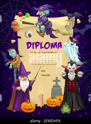 Kids diploma with Halloween vector characters. Witch on broom, zombie and wizard, vampire, bat and pumpkin lantern. School or kindergarten education c Stock Vector