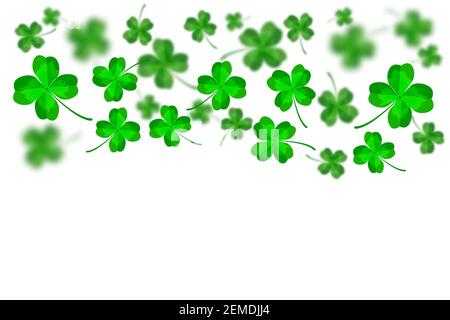 Abstract bright and blurry luck clovers isolated on white background. Happy St. Patricks Day banner with flying lucky shamrock leaves and copy space. Stock Vector
