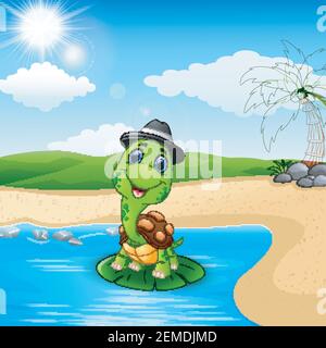 Vector illustration of Cartoon turtle on the beach Stock Vector